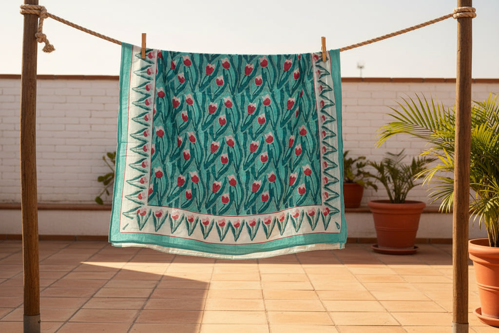Teal scarf with red heart pattern on a white background