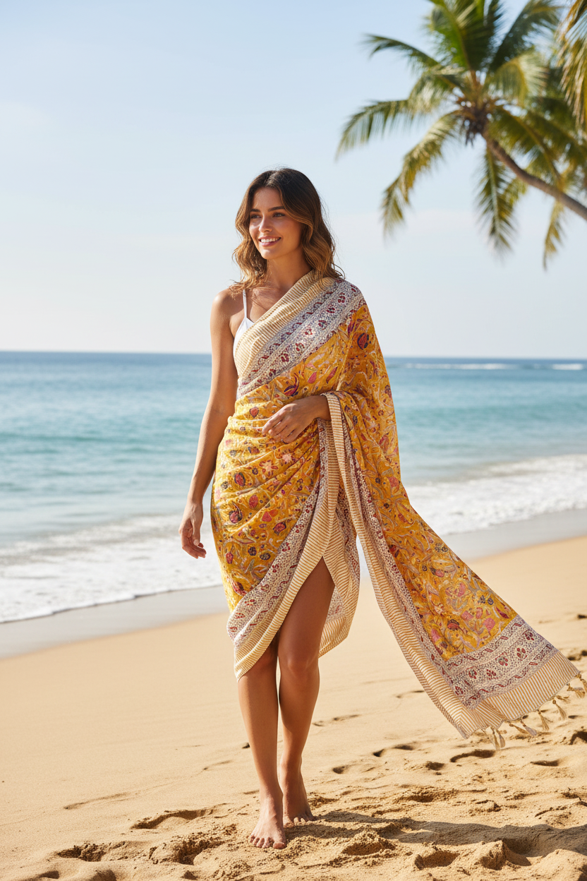 Woman in a yellow saree standing on a beach with palm trees in the background