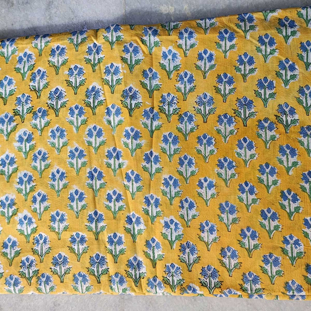 Handmade Bagru Print Textile –  Yellow Floral Print Cotton Material