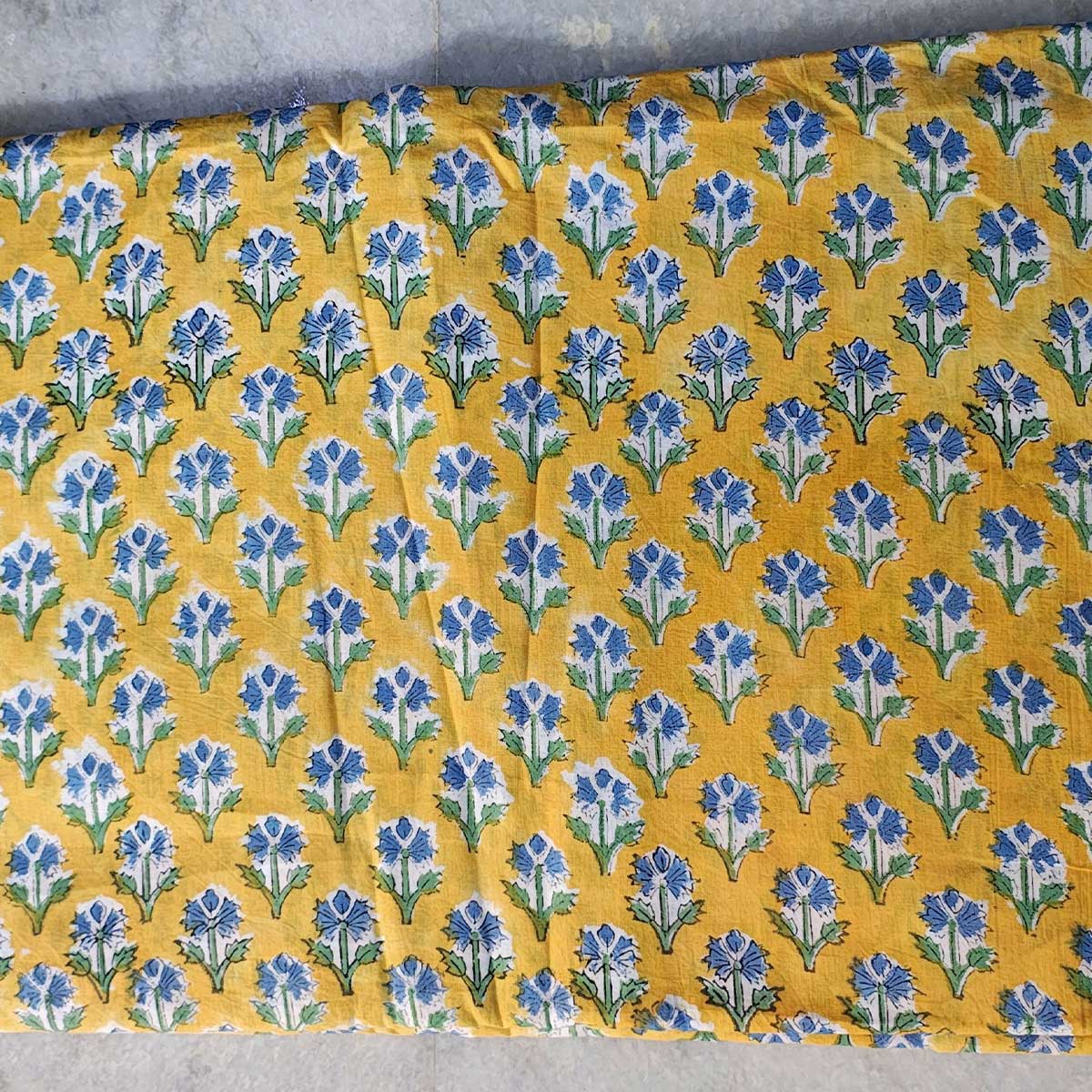 Handmade Bagru Print Textile –  Yellow Floral Print Cotton Material