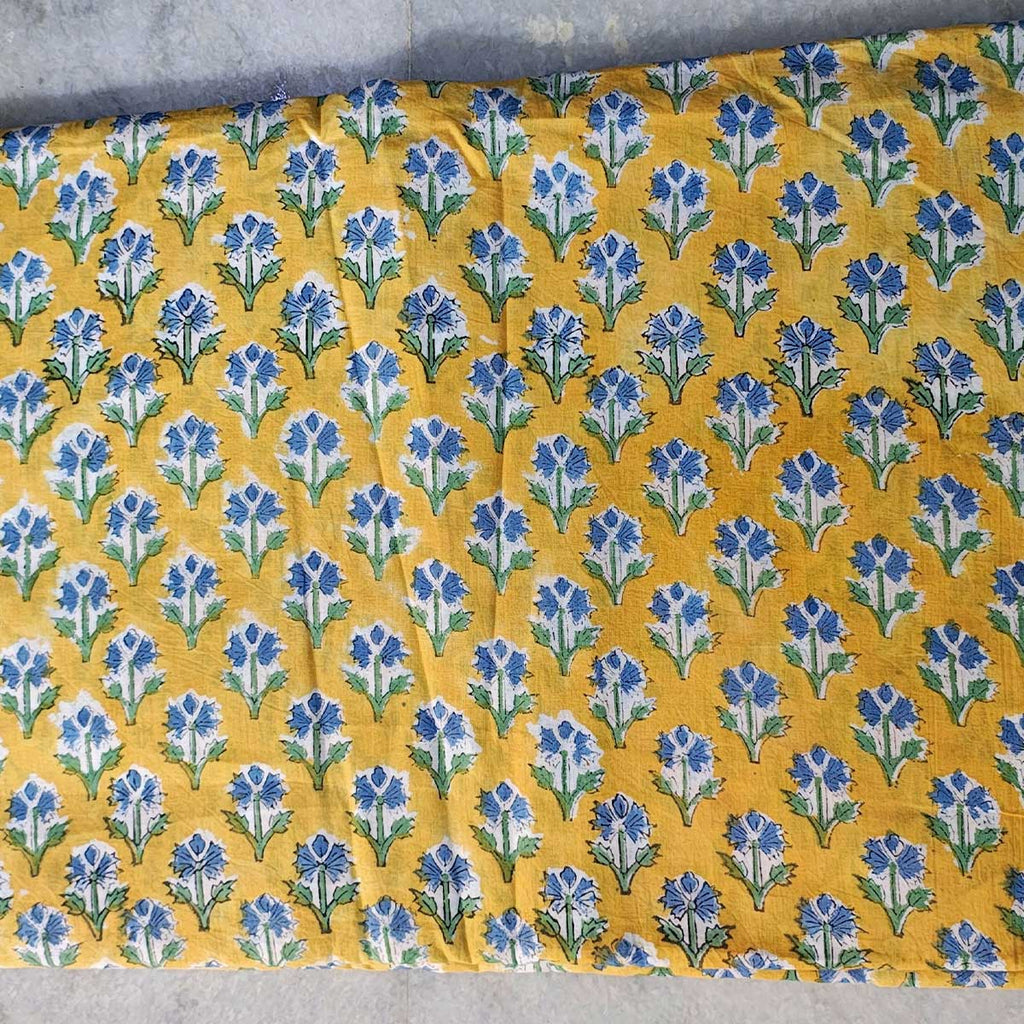 Sanganeri Hand Block Print Cotton Fabric – Yellow Floral Print