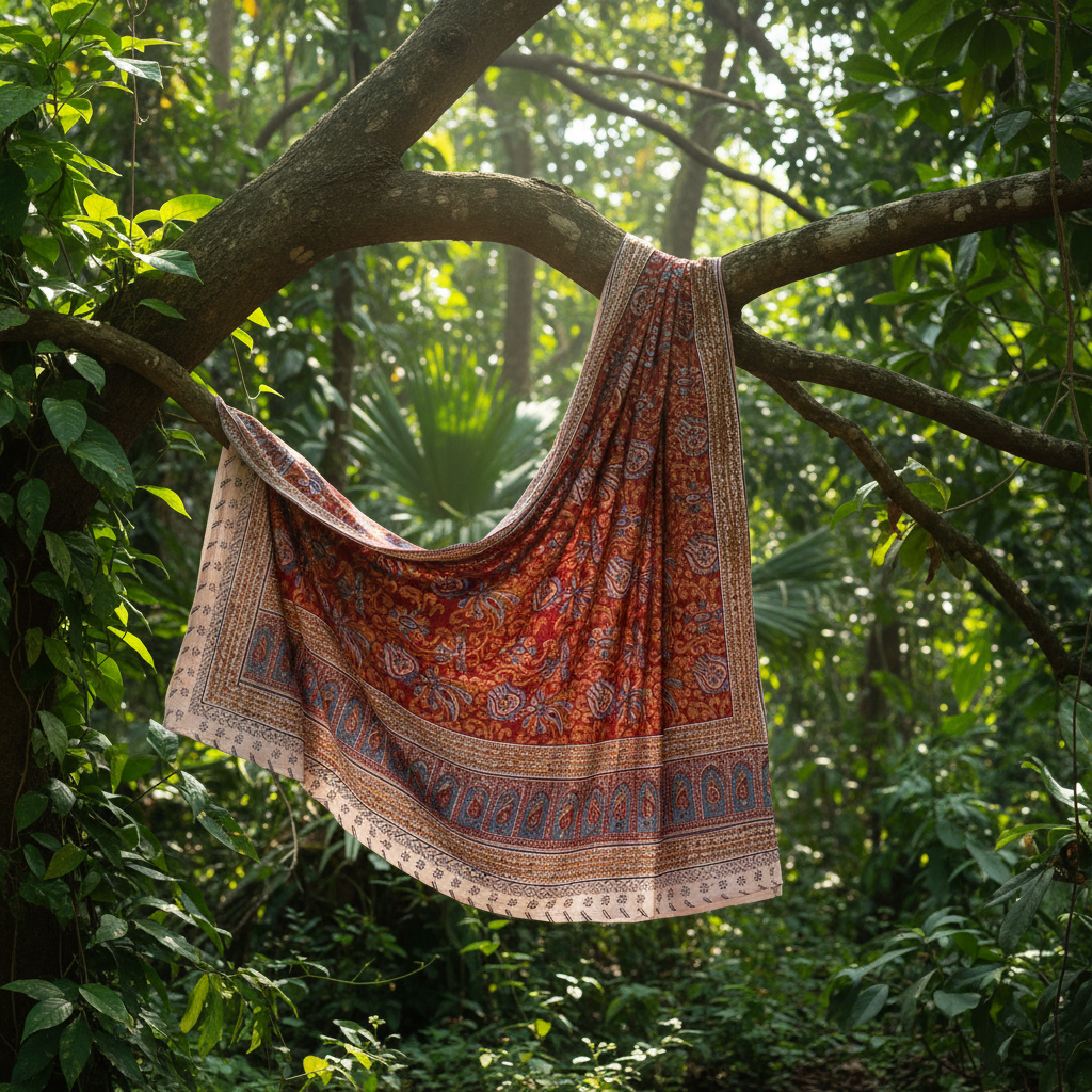 Patterned fabric hanging from a tree branch in a forest setting