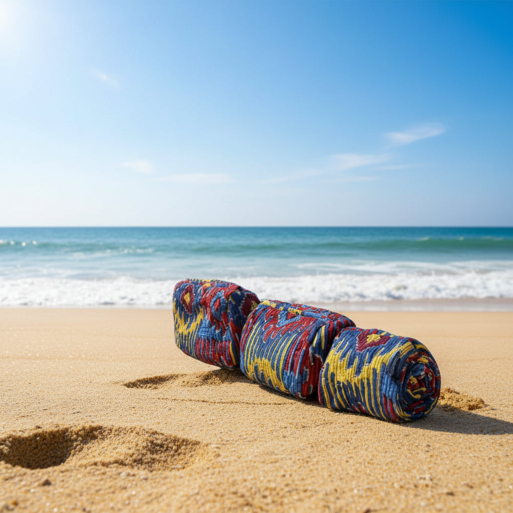 Colorful patterned fabric roll on a white background