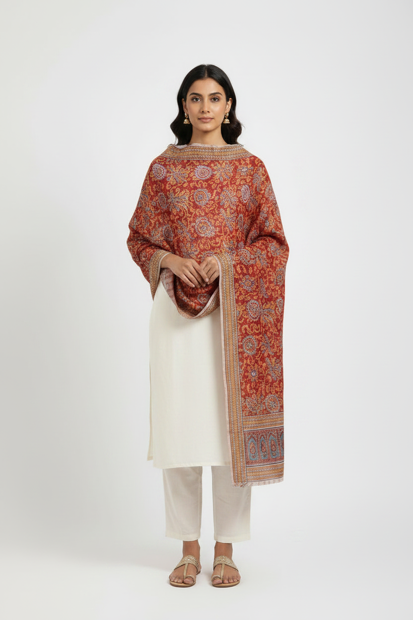 Woman wearing a red and orange patterned dupatta over a white kurta and pants on a white background