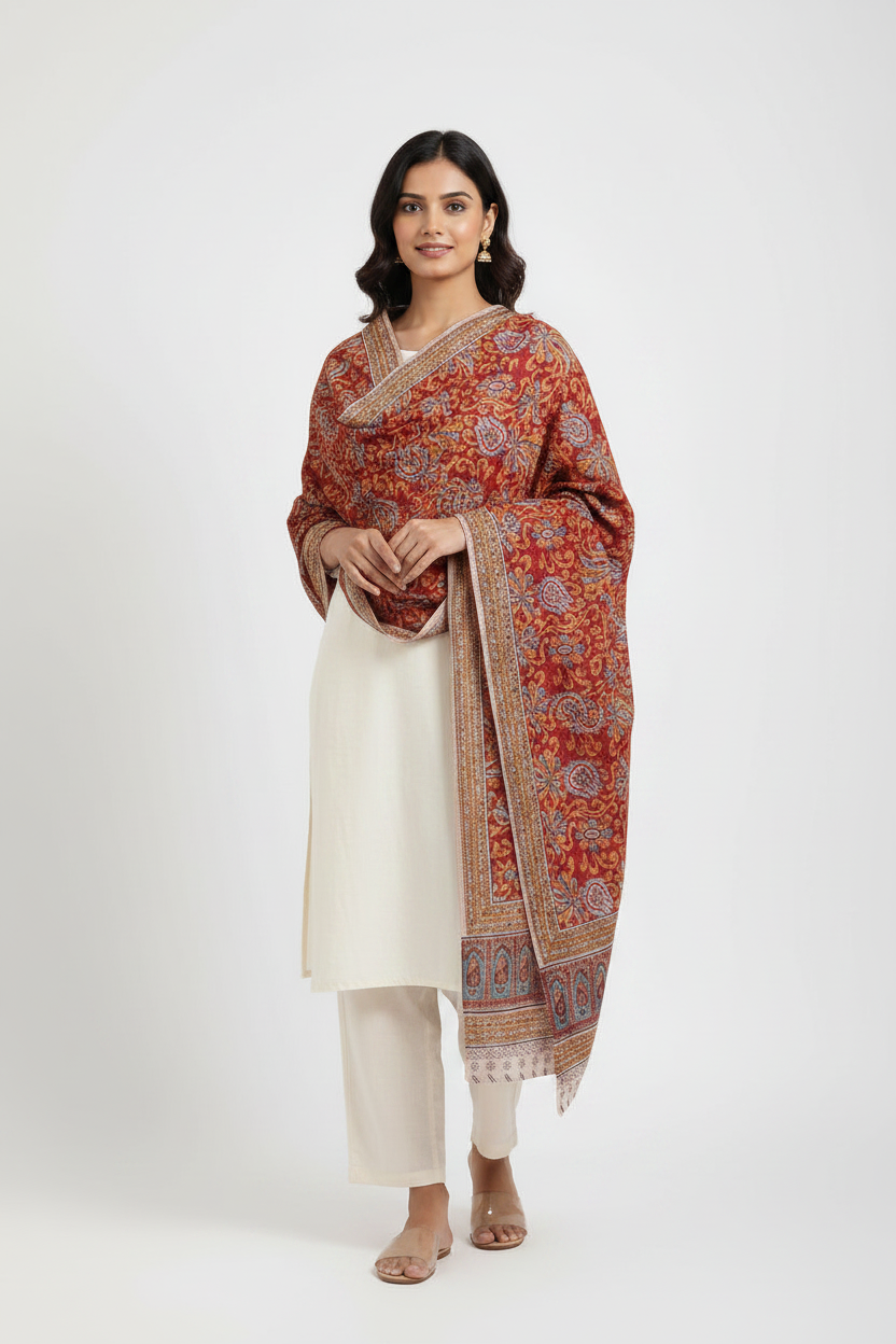 Woman wearing a traditional outfit with a patterned shawl on a white background