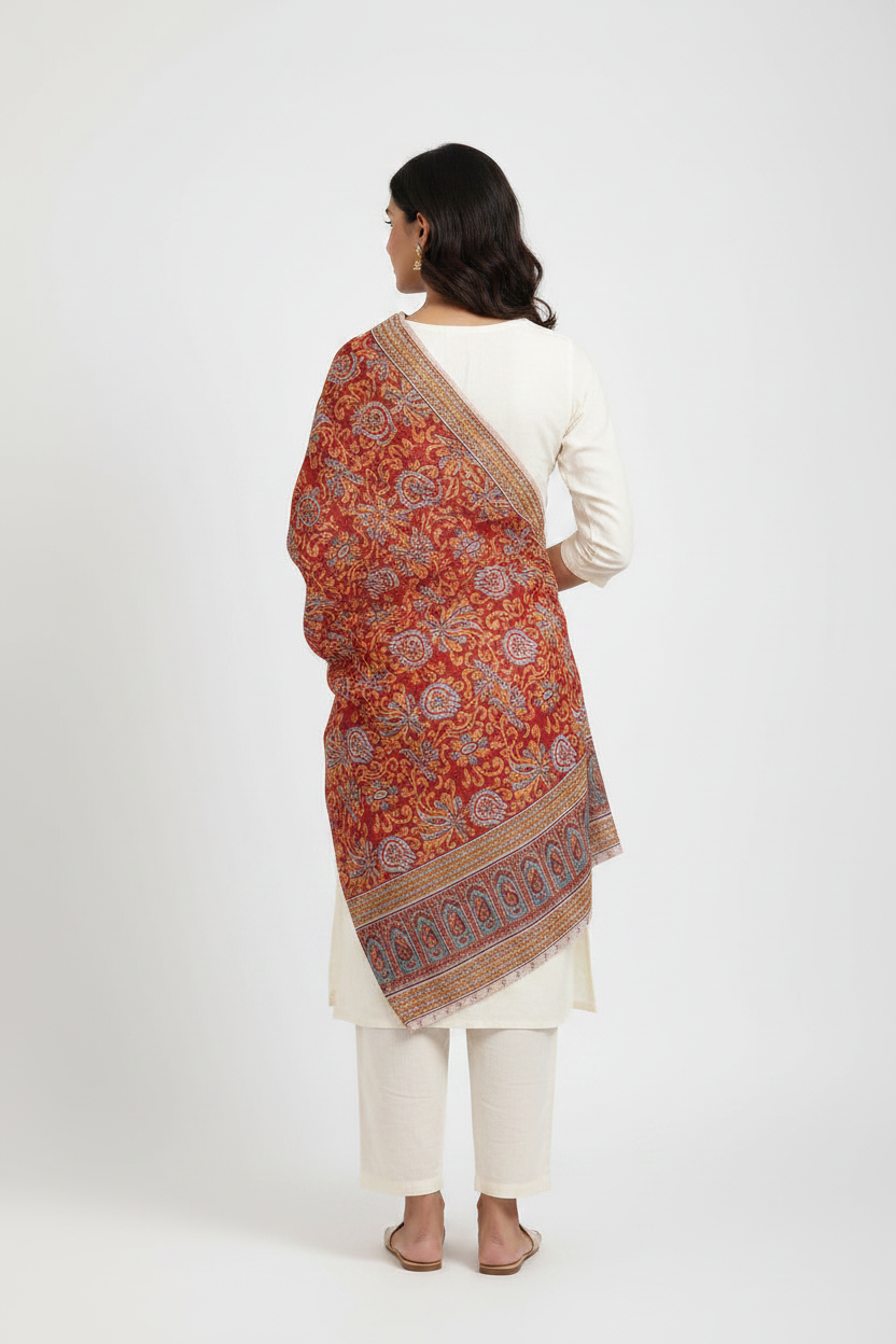 Woman wearing a patterned orange dupatta over a white kurta on a white background