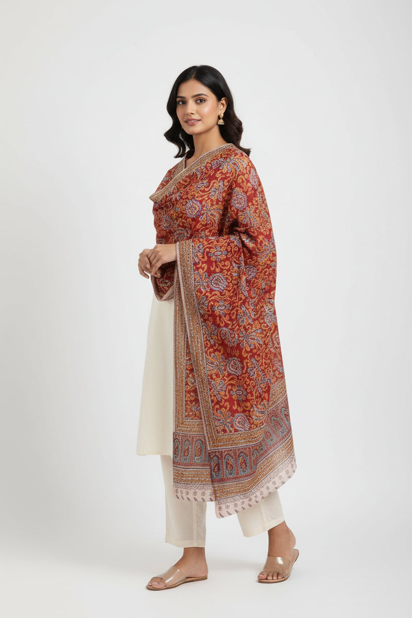 Woman wearing a traditional outfit with a patterned shawl on a white background