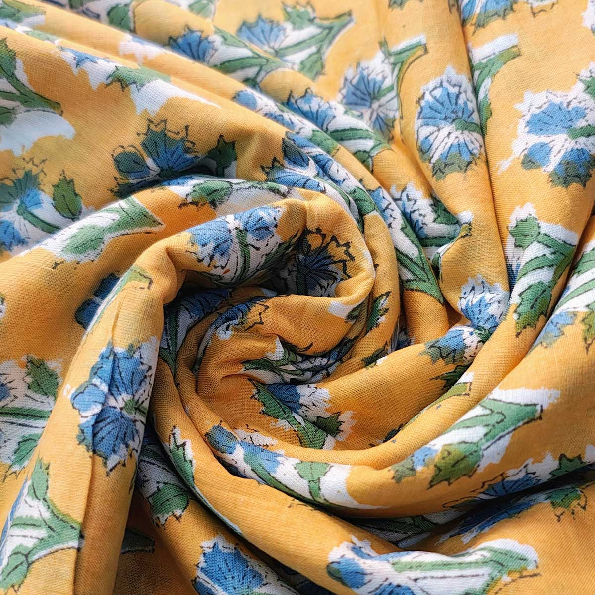 Handmade Bagru Print Textile –  Yellow Floral Print Cotton Material