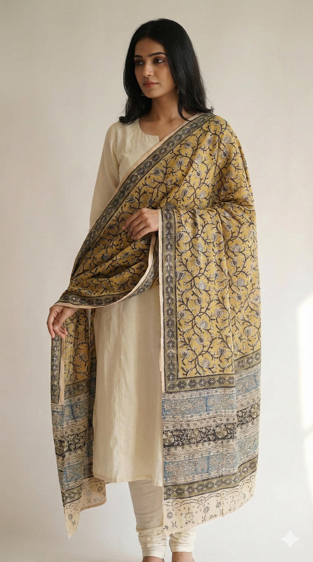 Mustard Yellow & Indigo Hand Block Printed Kalamkari Cotton Dupatta