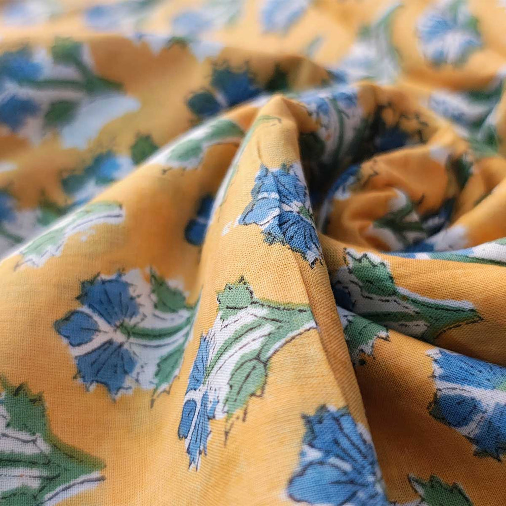 Sanganeri Hand Block Print Cotton Fabric – Yellow Floral Print