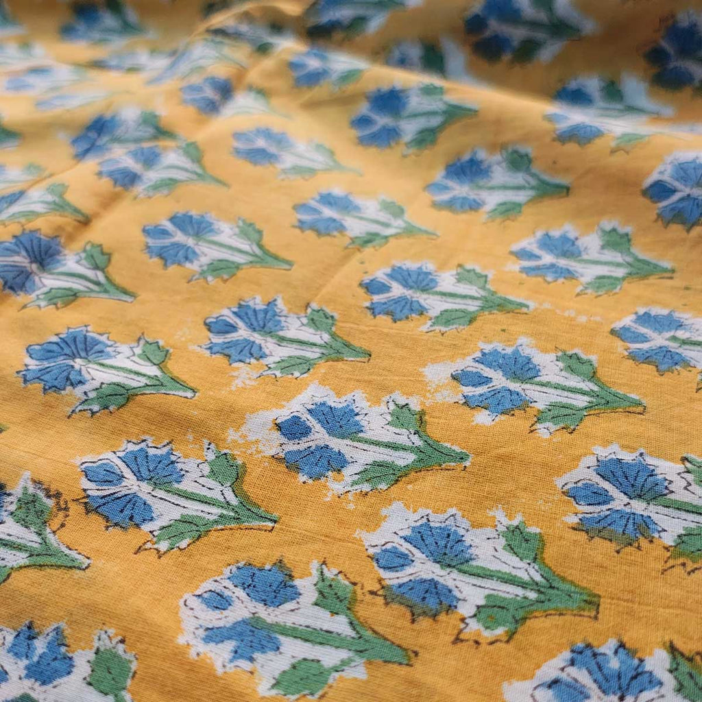 Sanganeri Hand Block Print Cotton Fabric – Yellow Floral Print