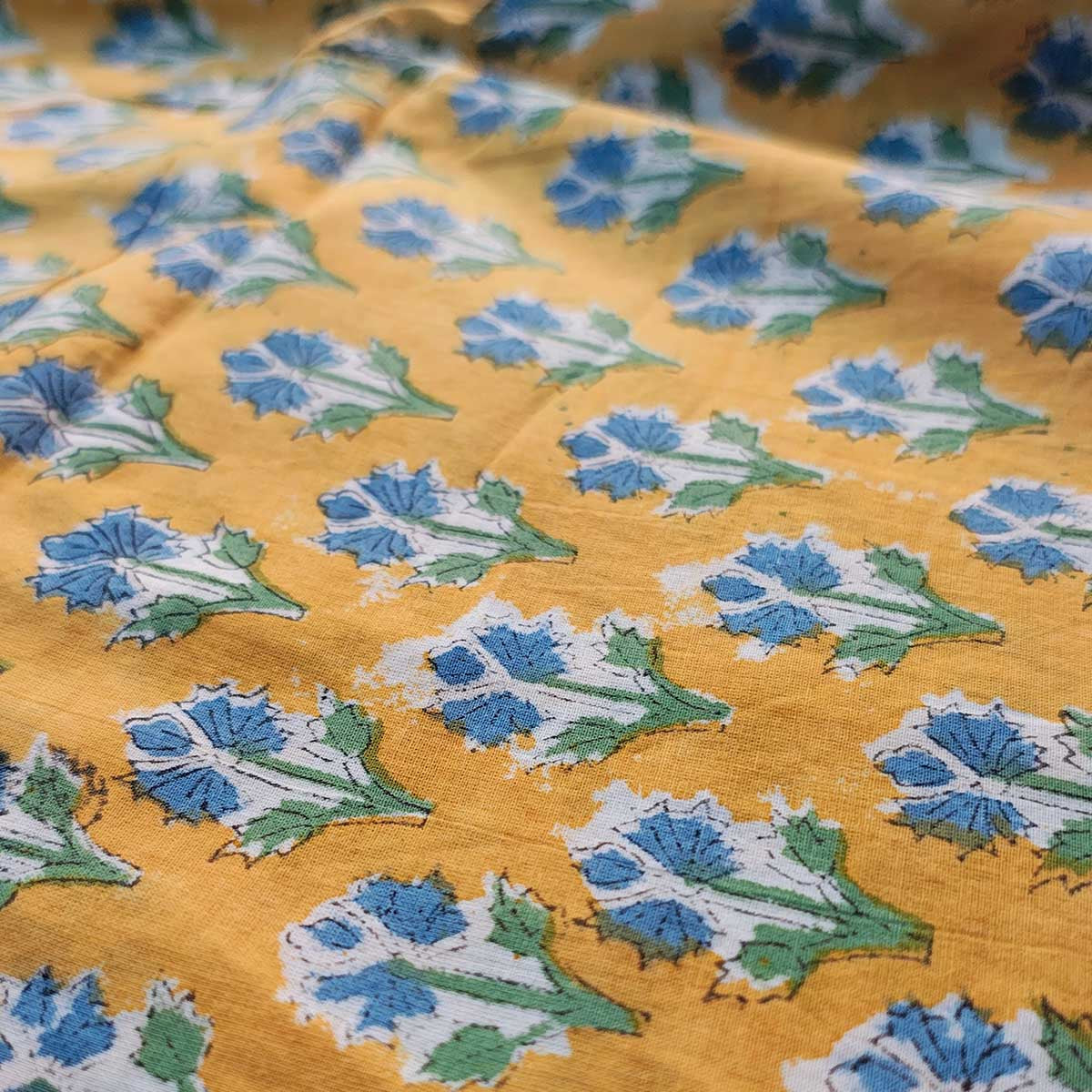 Sanganeri Hand Block Print Cotton Fabric – Yellow Floral Print