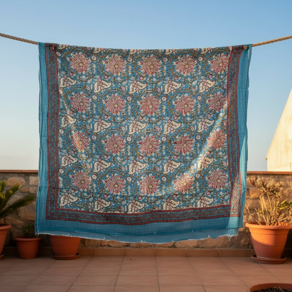 Blue floral patterned scarf with green leaves on a white background