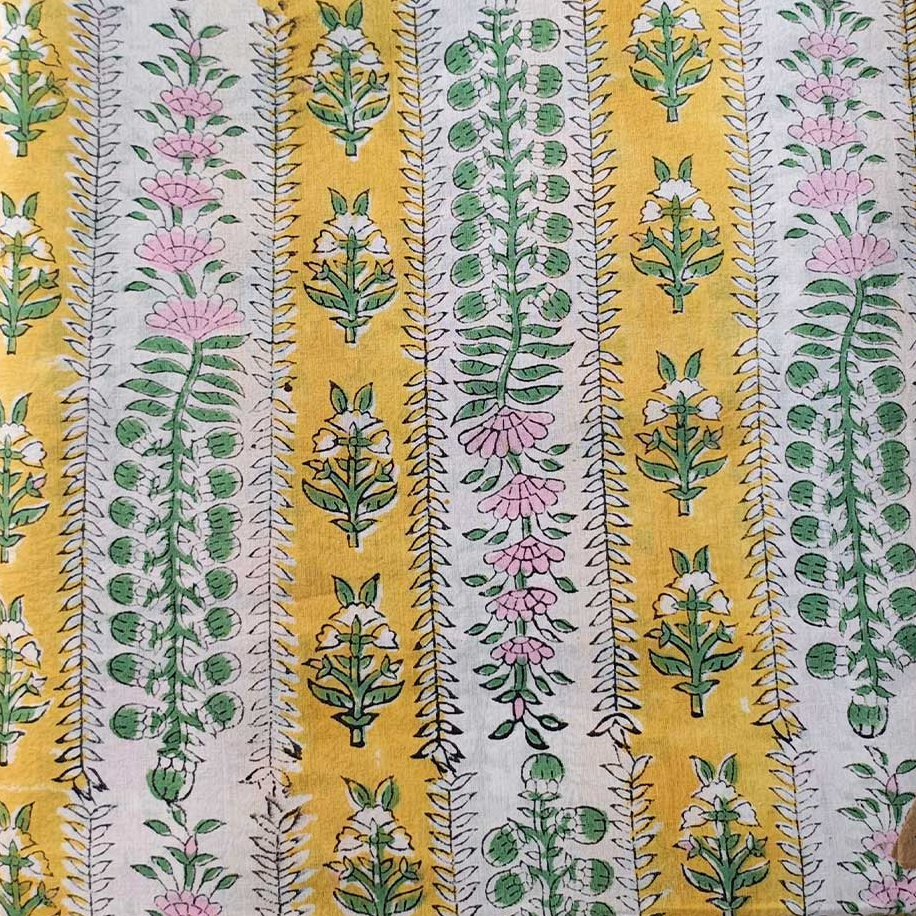 Sanganeri Hand Block Print Cotton Fabric – Yellow Floral Print