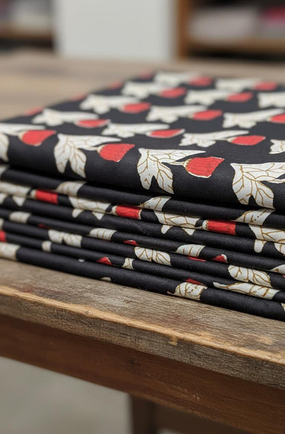 Sanganeri Midnight Floral Cotton Fabric - Red & Cream Botanical Print