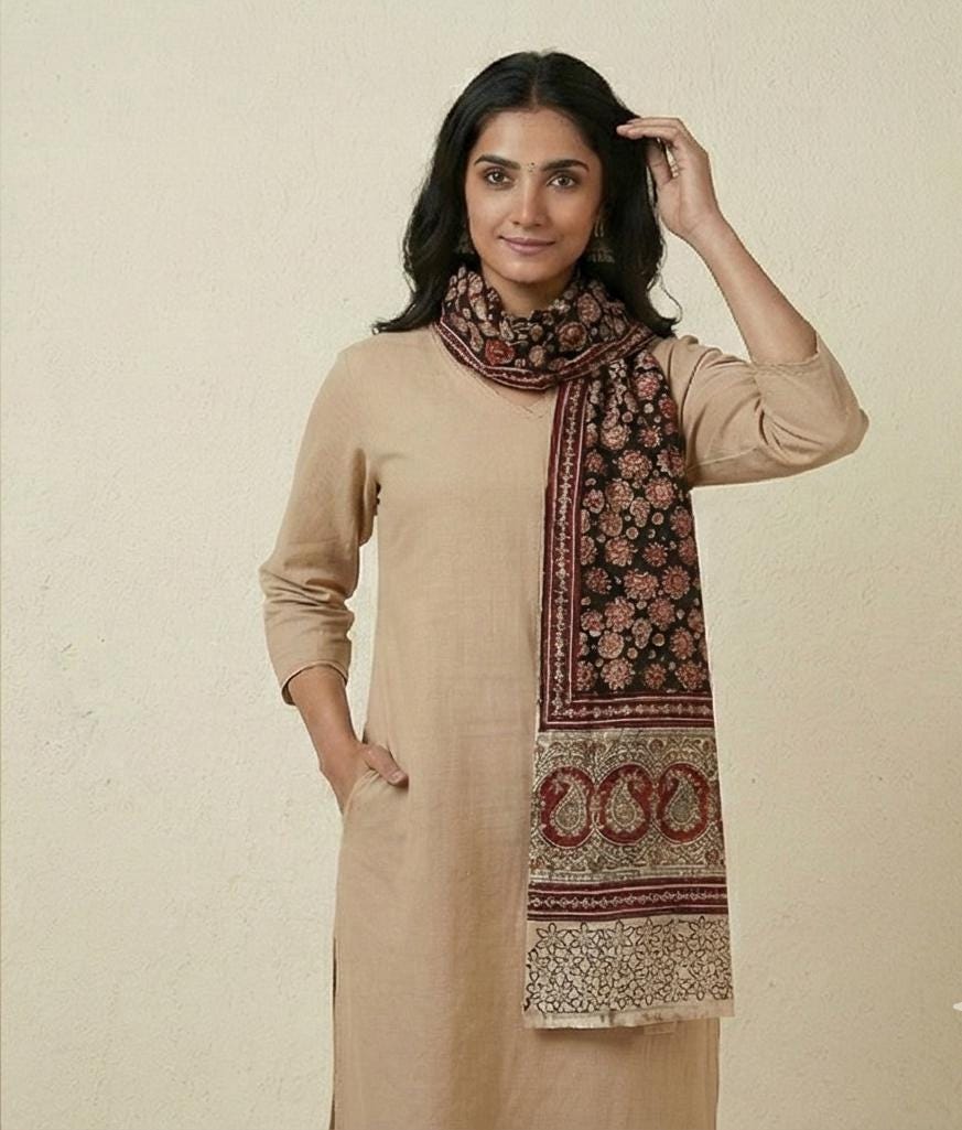 Midnight Bloom Kalamkari Stole - Black & Rust Hand Block Print (120 x 185 cm)