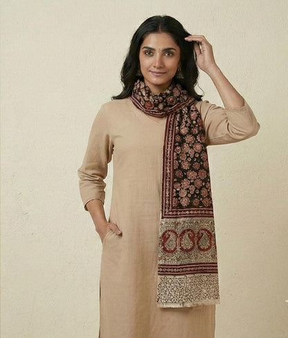 Midnight Bloom Kalamkari Stole - Black & Rust Hand Block Print (120 x 185 cm)