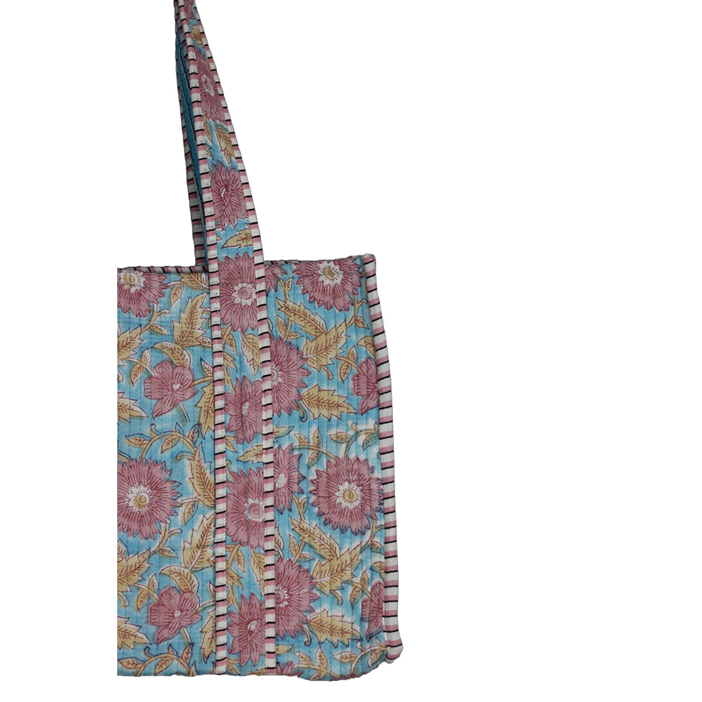 Handmade Block Print Cotton Quilted Tote Bag – Mint & Pink Floral