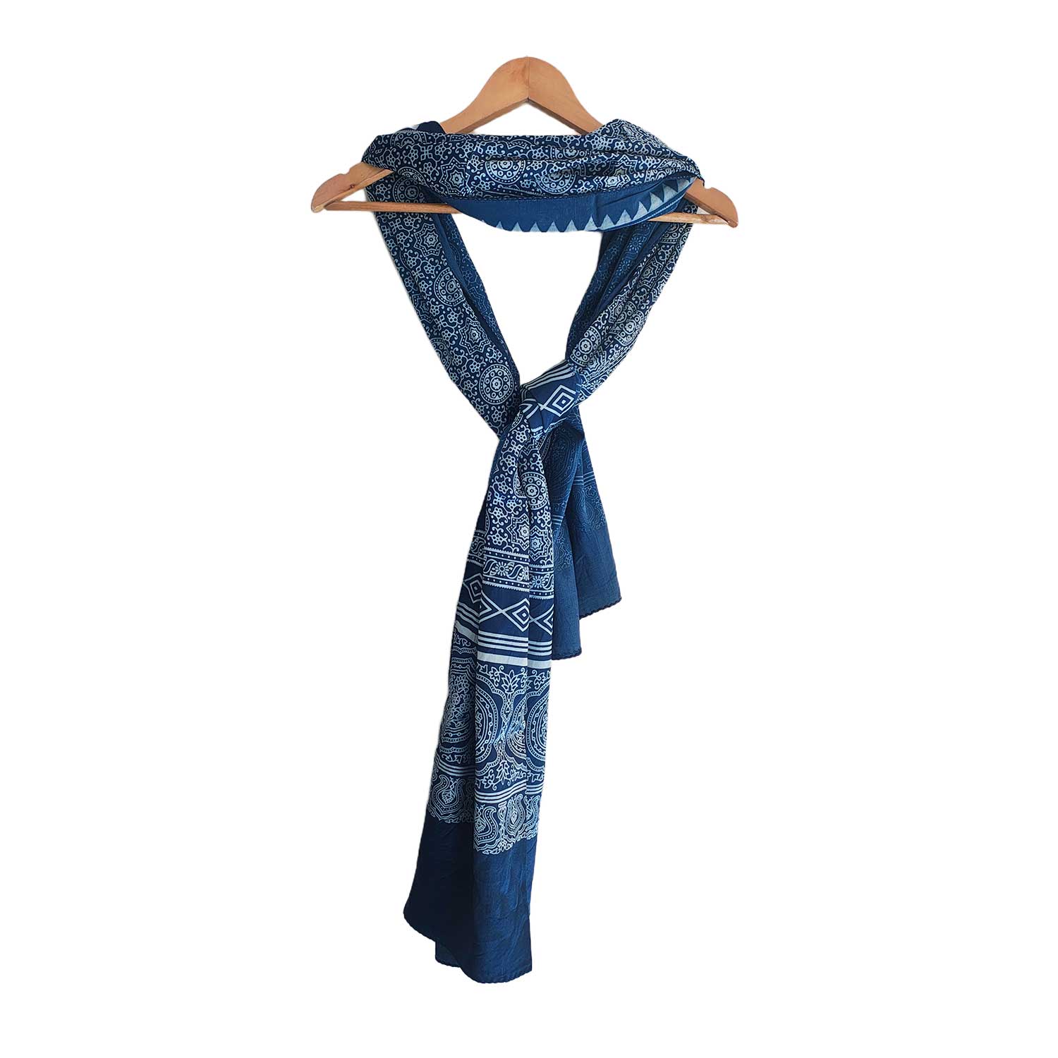 Ajrakh Hand Block Print Navy Color Viscose Stole | Traditional Geometric Print | L220 X W55 cm