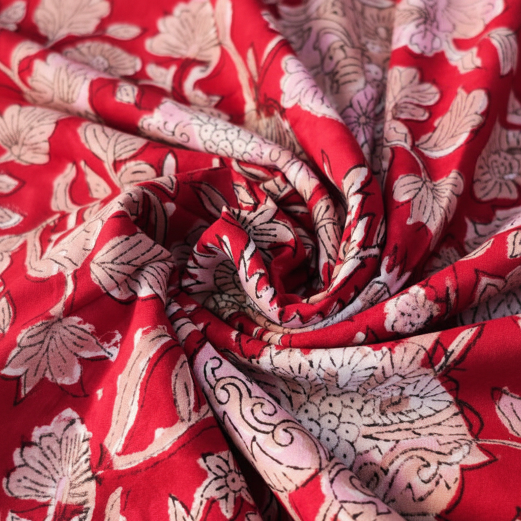 Sanganeri Hand Block Print Cotton Fabric – Red Floral Print