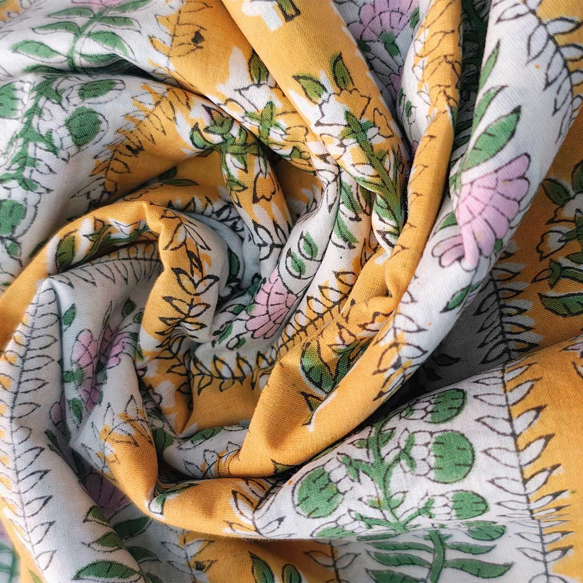 Handmade Bagru Print Textile –  Yellow Floral Print Cotton Material