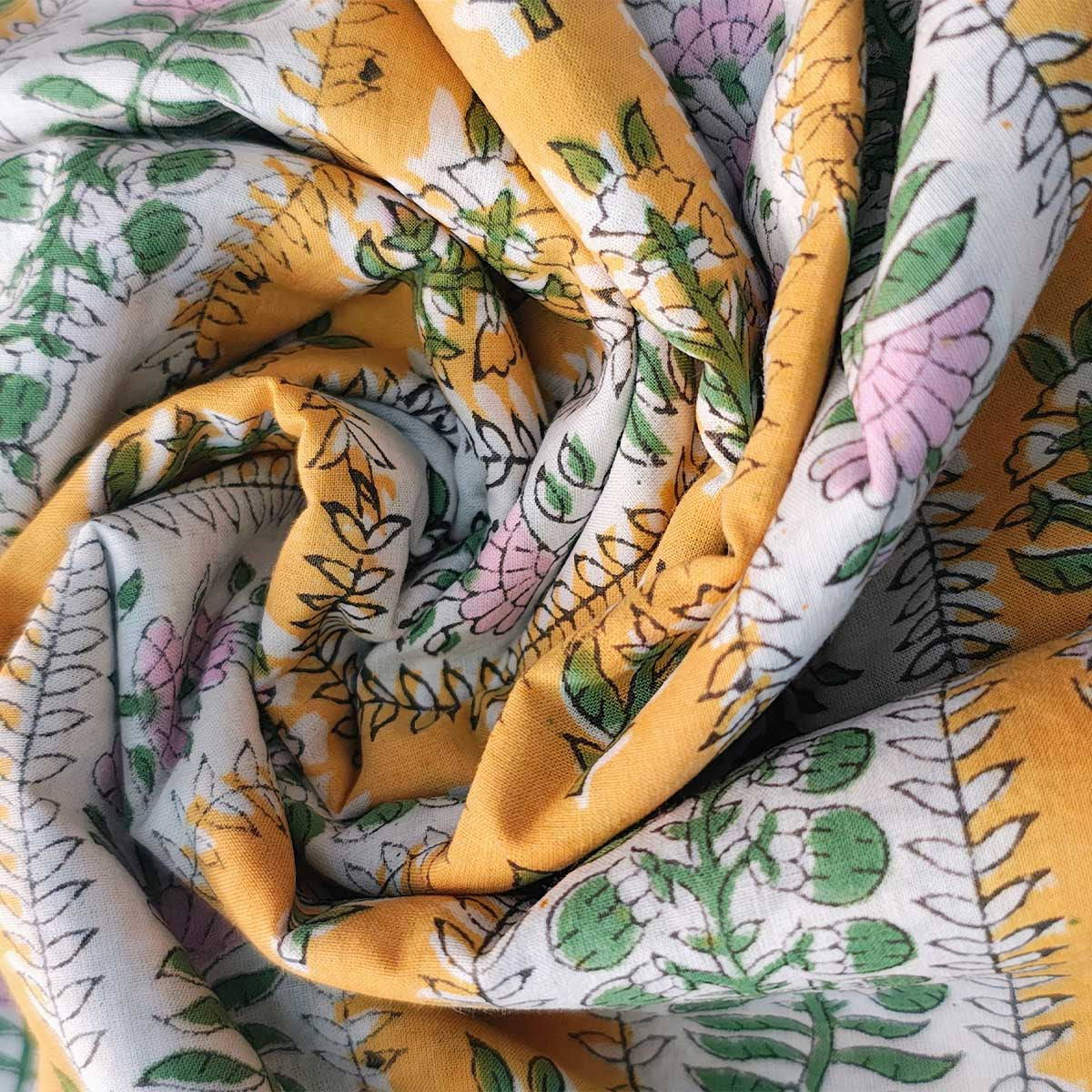 Handmade Bagru Print Textile –  Yellow Floral Print Cotton Material