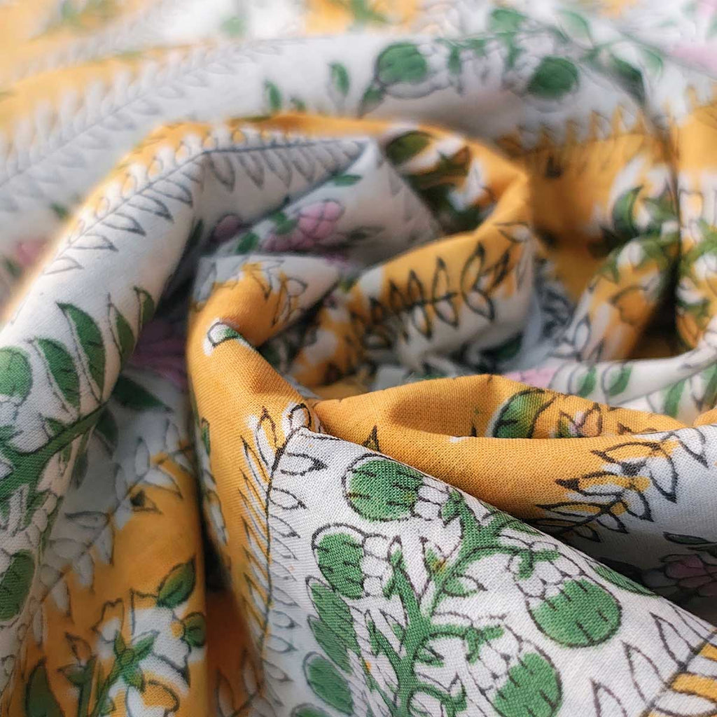 Handmade Bagru Print Textile –  Yellow Floral Print Cotton Material