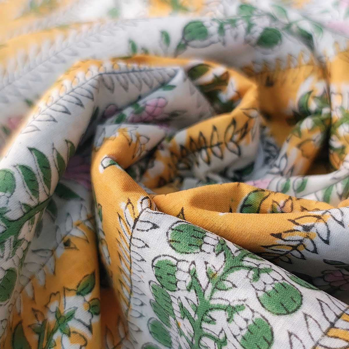 Handmade Bagru Print Textile –  Yellow Floral Print Cotton Material