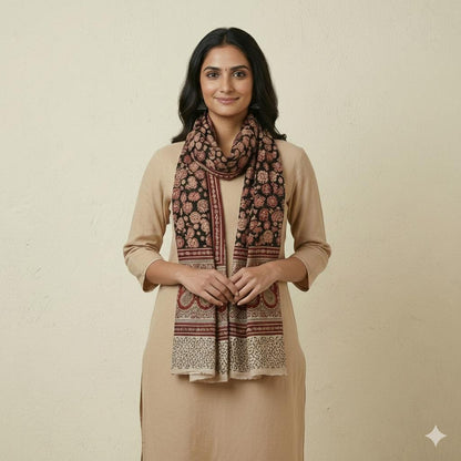 Midnight Bloom Kalamkari Stole - Black & Rust Hand Block Print (120 x 185 cm)