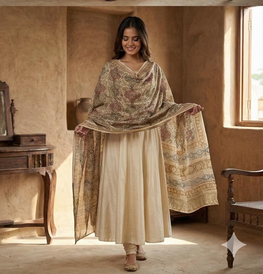 Golden Ochre Floral Vine Kalamkari Hand-Block Printed Cotton Dupatta