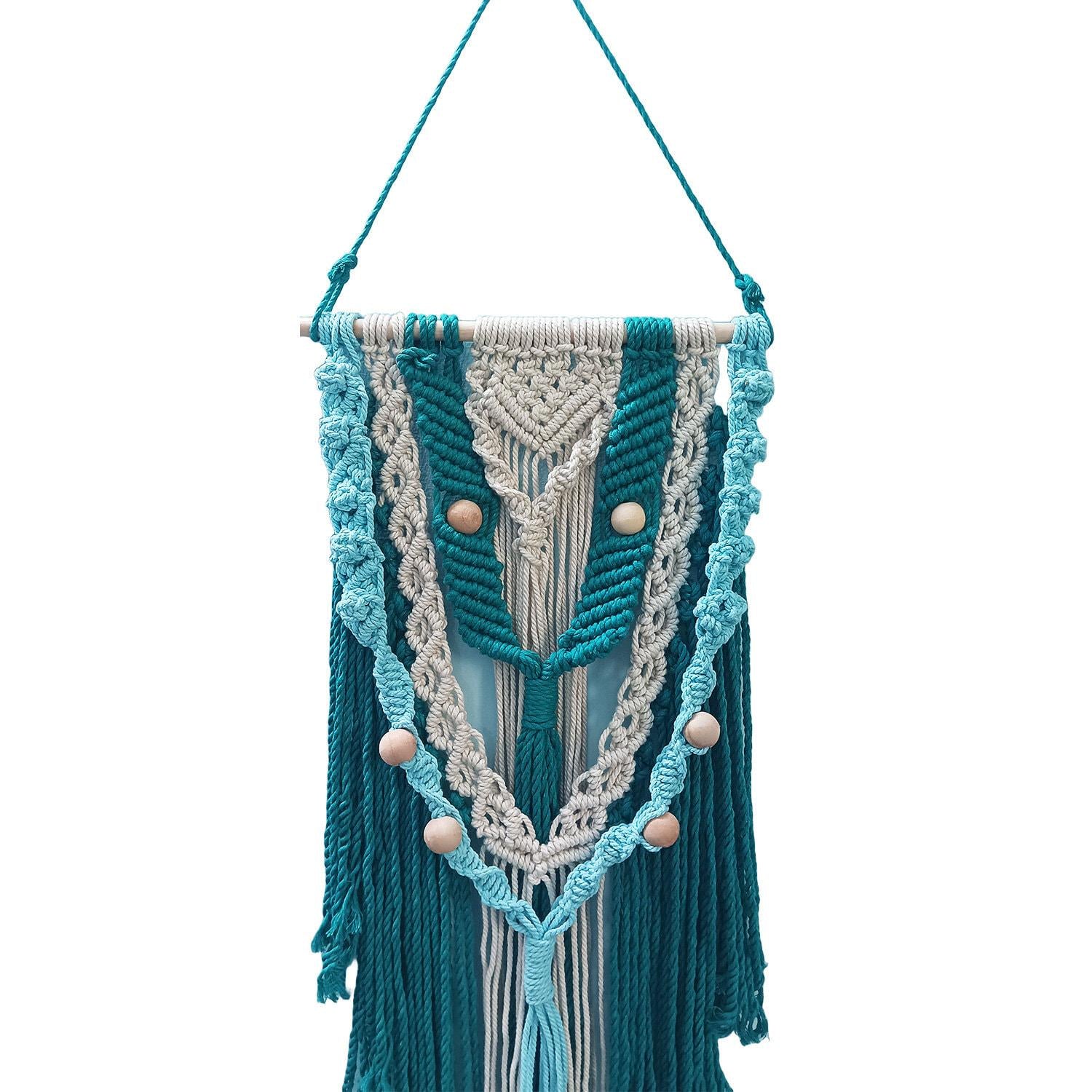 Crochet Wall Hanging | Teal & Beige Macramé, Boho Fiber Art