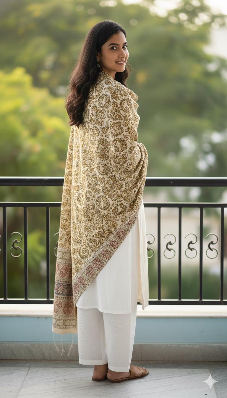 Woman wearing a patterned dupatta and white outfit on a balcony with greenery in the background