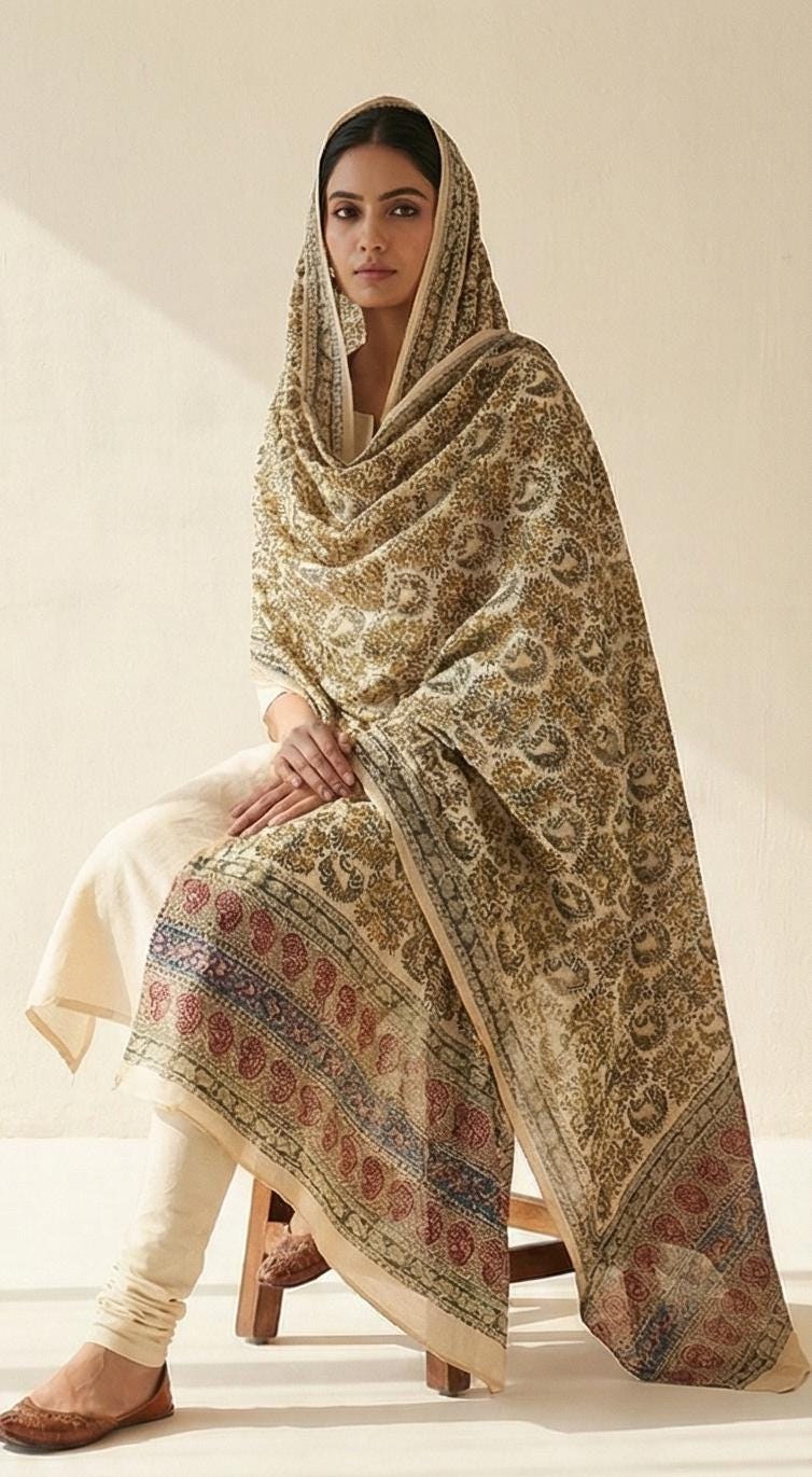 Golden Ochre Floral Vine Kalamkari Hand-Block Printed Cotton Dupatta