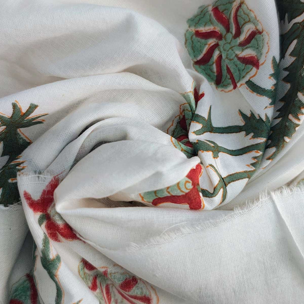 Sanganeri Hand Block Print Cotton Fabric – White Floral Print