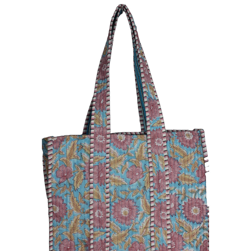 Handmade Block Print Cotton Quilted Tote Bag – Mint & Pink Floral
