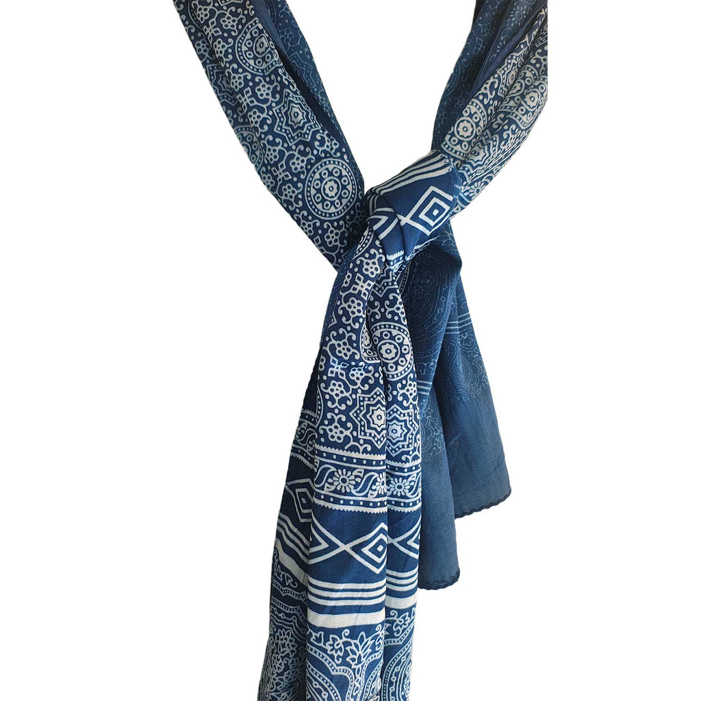 Ajrakh Hand Block Print Navy Color Viscose Stole | Traditional Geometric Print | L220 X W55 cm
