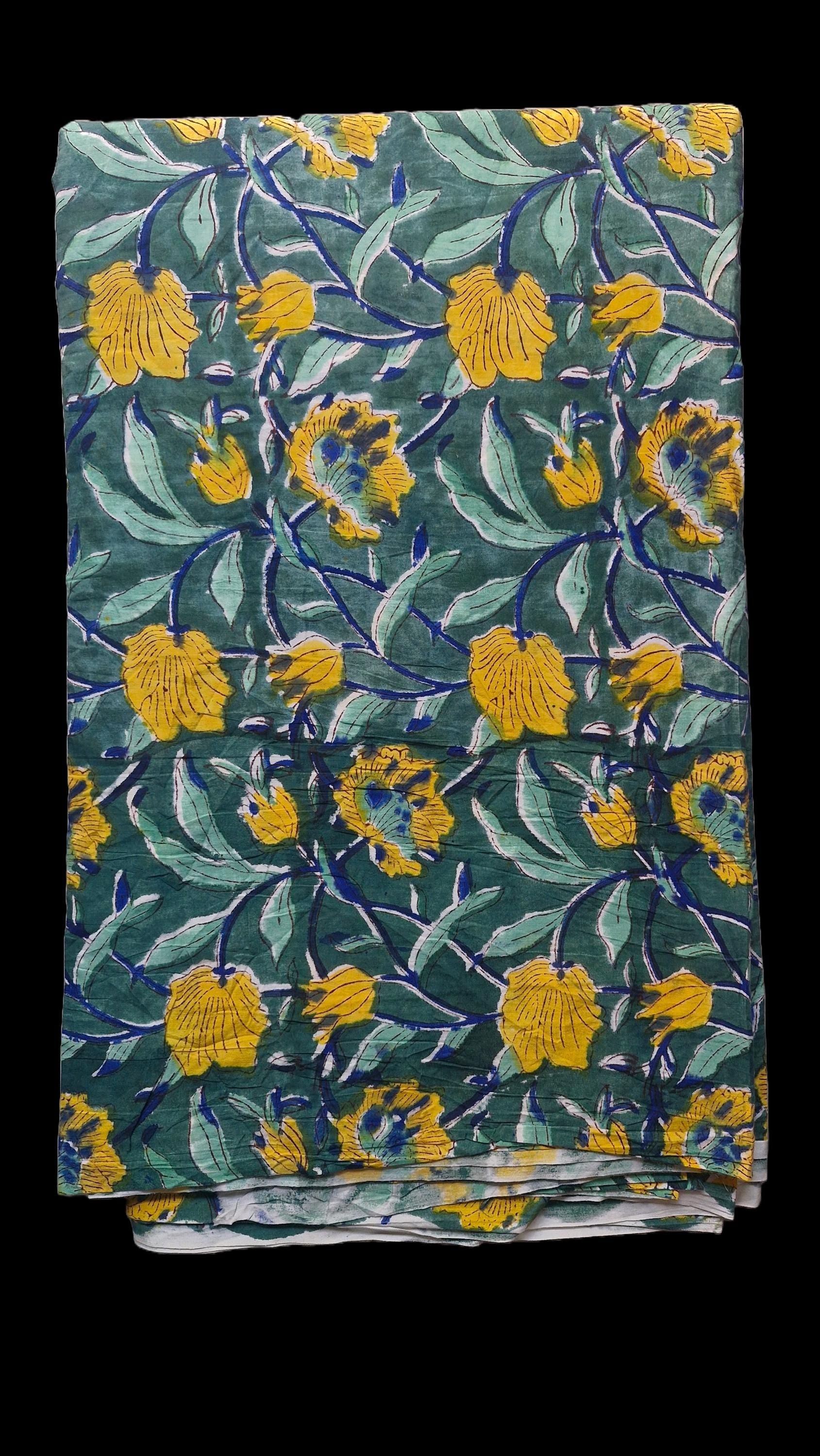 Handmade Bagru Print Textile – Botanical Yellow Floral Cotton Material