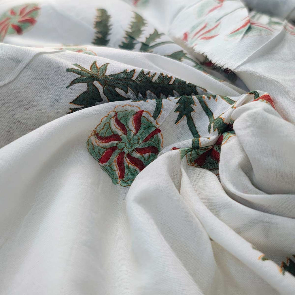 Sanganeri Hand Block Print Cotton Fabric – White Floral Print