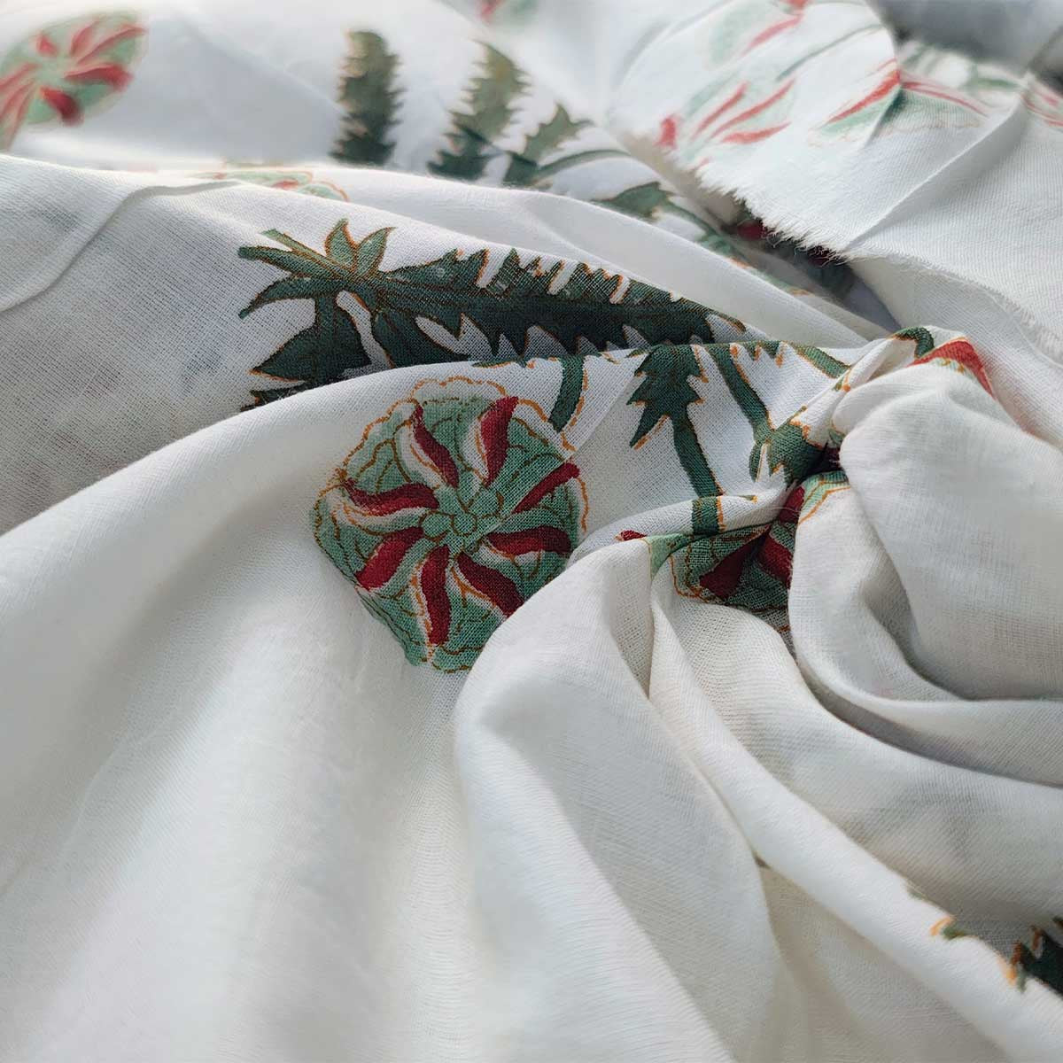 Handmade Bagru Print Textile – White Floral Print Cotton Material