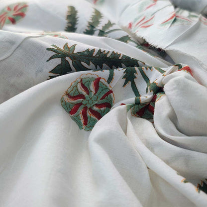 Sanganeri Hand Block Print Cotton Fabric – White Floral Print