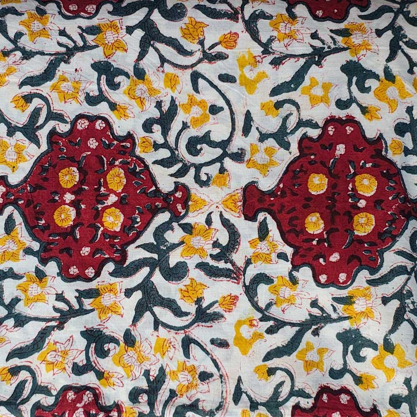 Sanganeri Hand Block Print Cotton Fabric – Blue and Maroon Floral