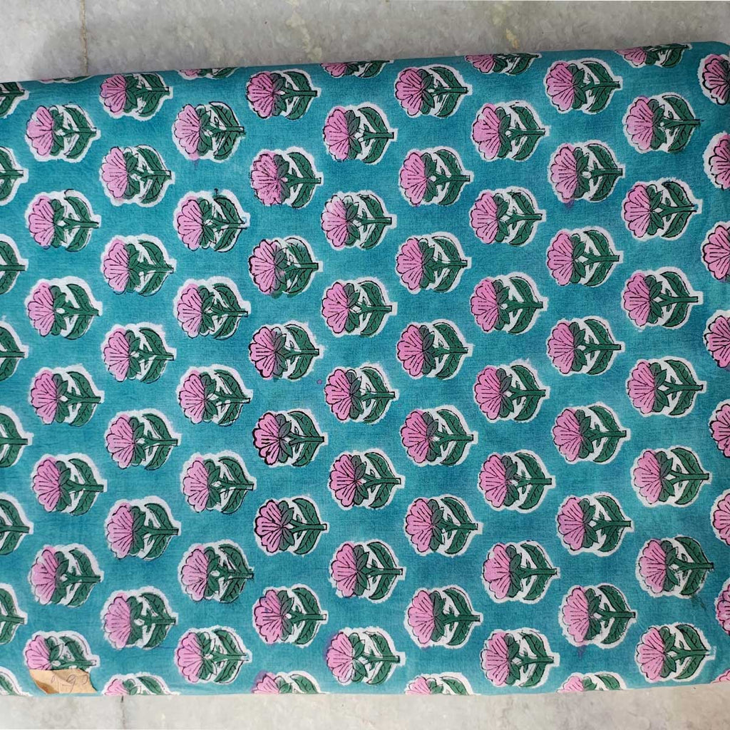 Handmade Bagru Print Textile – TealBlue Floral Print Cotton Material