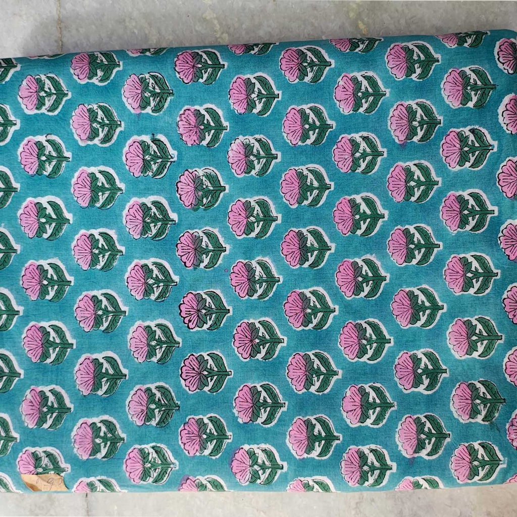 Sanganeri Hand Block Print Cotton Fabric – Teal Blue Floral Print