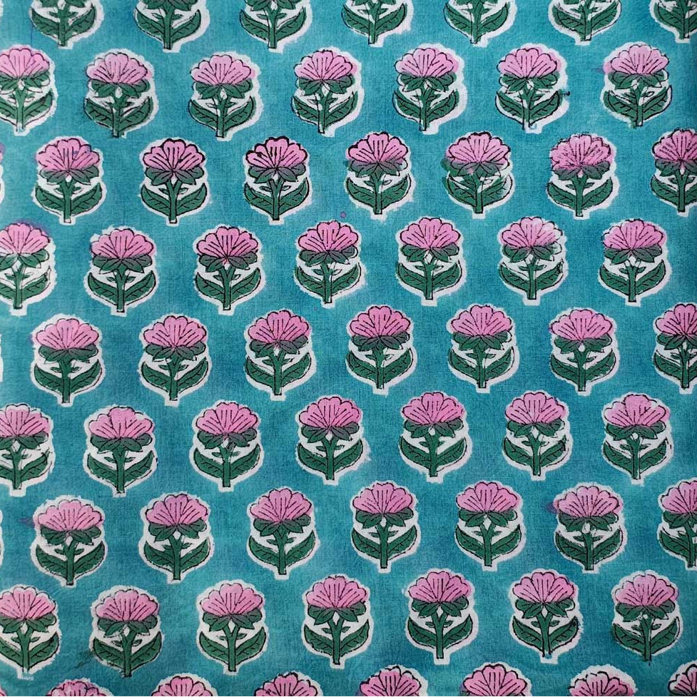 Sanganeri Hand Block Print Cotton Fabric – Teal Blue Floral Print
