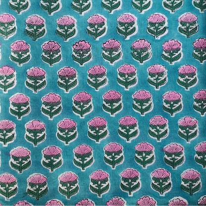 Sanganeri Hand Block Print Cotton Fabric – Teal Blue Floral Print
