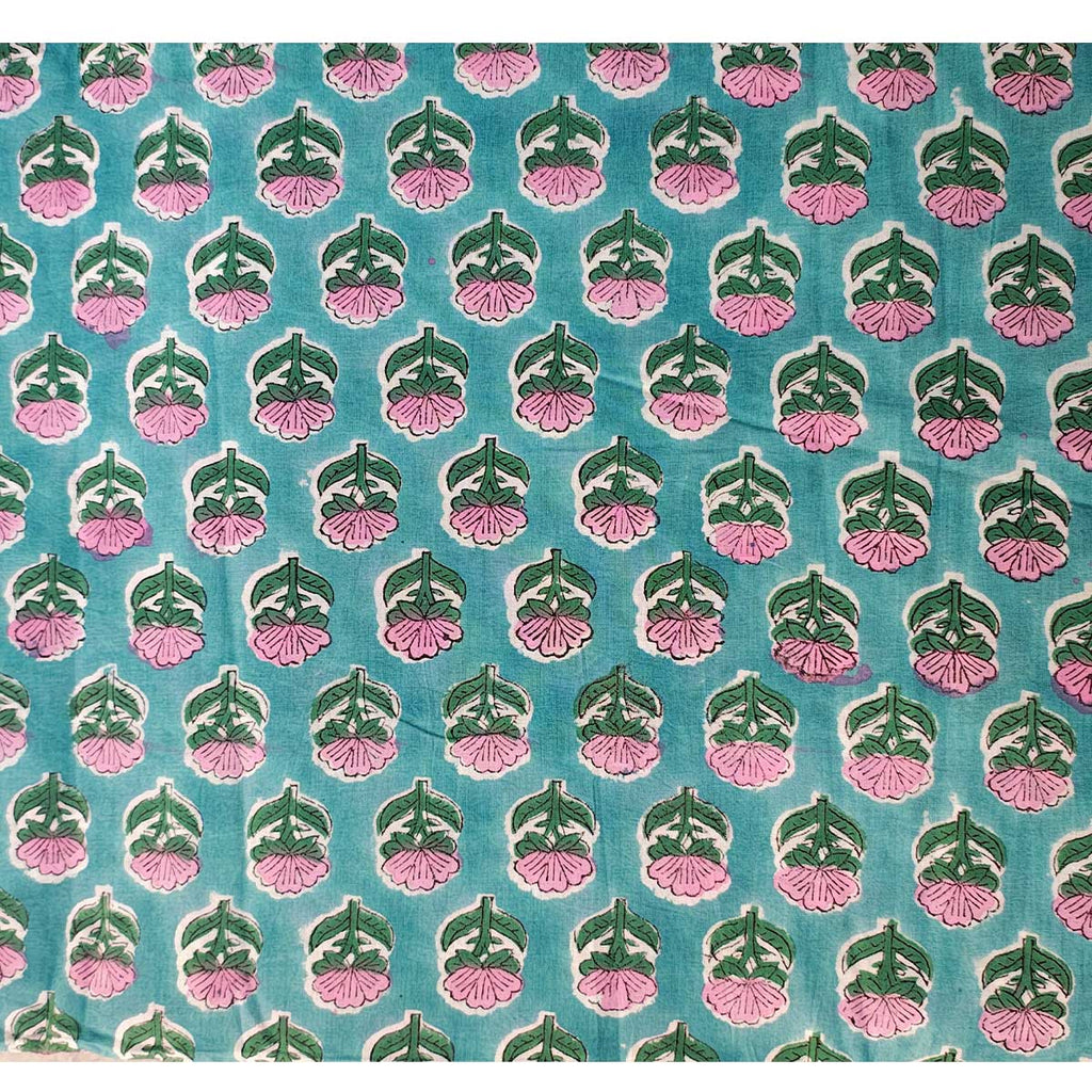 Sanganeri Hand Block Print Cotton Fabric – Teal Blue Floral Print