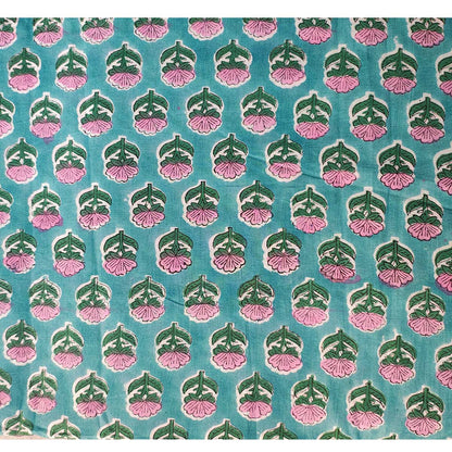 Sanganeri Hand Block Print Cotton Fabric – Teal Blue Floral Print