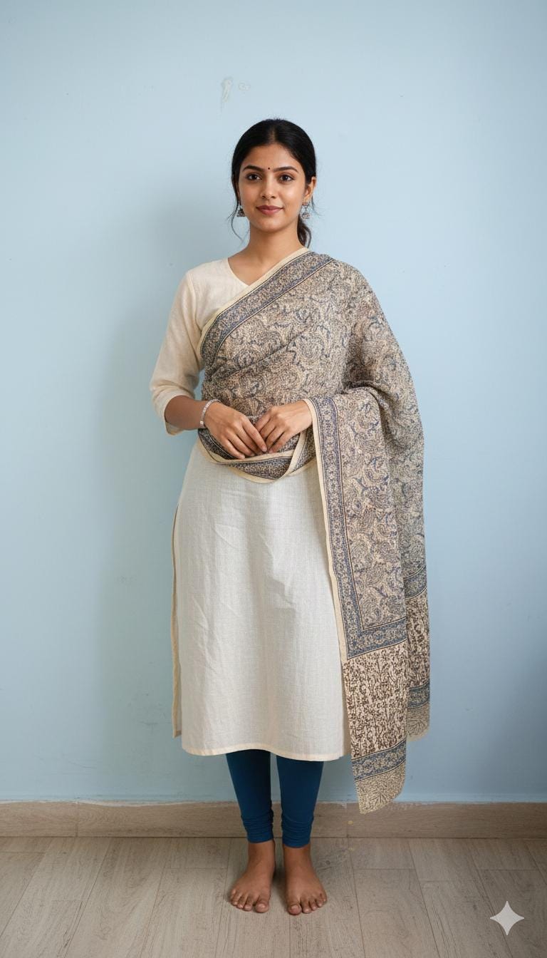 Handcrafted Kalamkari Cotton Stole – Indigo Paisley Tribal Print