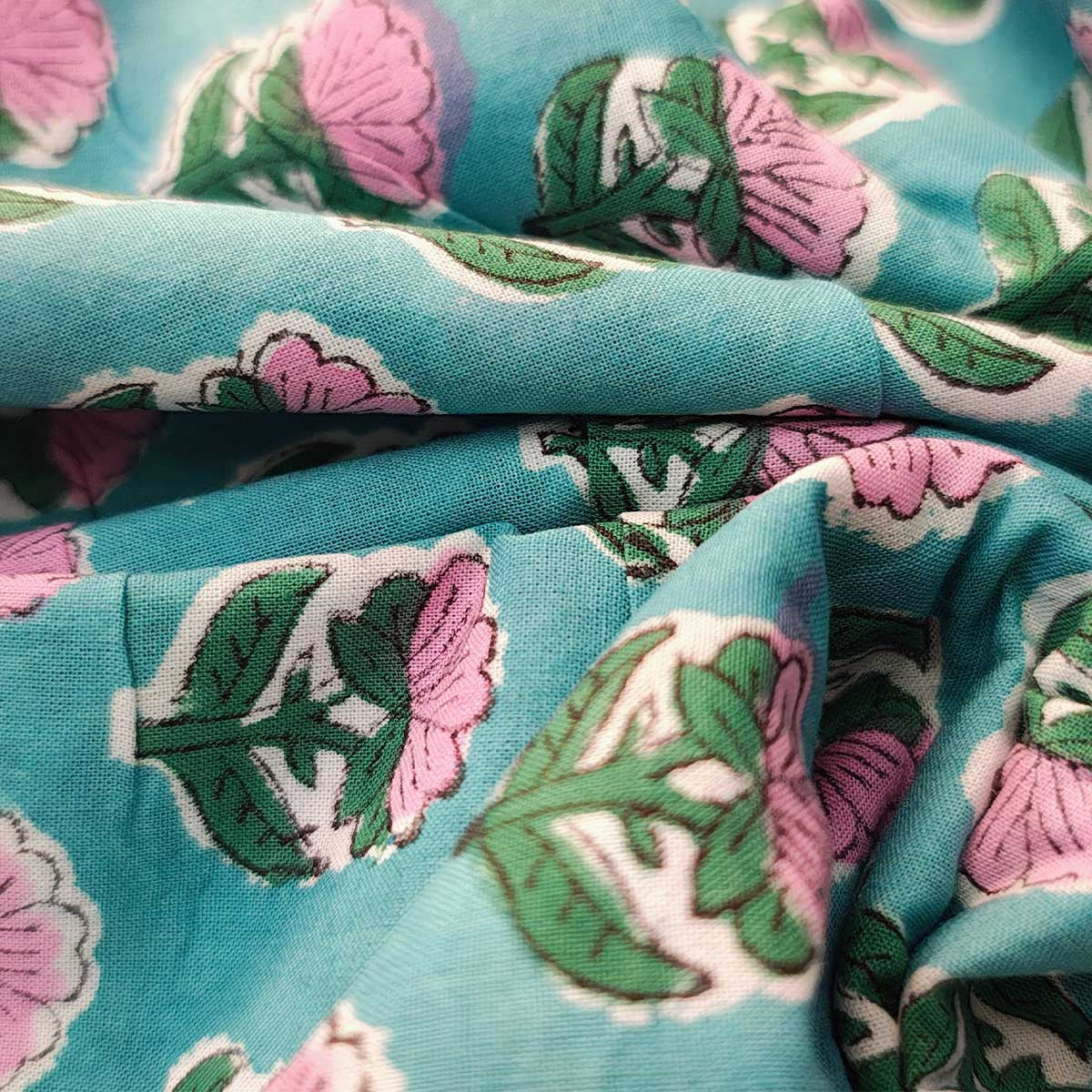 Handmade Bagru Print Textile – TealBlue Floral Print Cotton Material