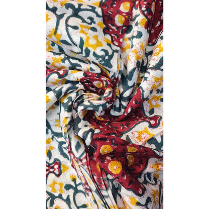 Sanganeri Hand Block Print Cotton Fabric – Blue and Maroon Floral